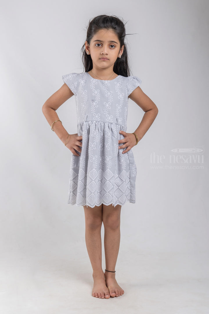 The Nesavu Baby Cotton Frocks Pretty Gray Floral Embroidered Baby Cotton Frock With Designer Belt psr silks Nesavu