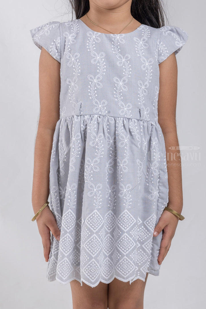 The Nesavu Baby Cotton Frocks Pretty Gray Floral Embroidered Baby Cotton Frock With Designer Belt psr silks Nesavu