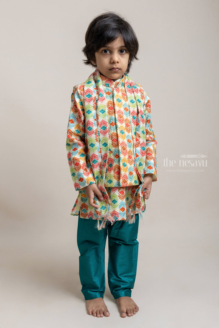 The Nesavu Boys Jacket Sets Pretty Green Abstract Printed Boys Kurta With Over coat And Dupatta Set Nesavu 14 (6M) / multicolor / Chanderi BES305A Ethnic Boys Kurta Set | New Collection | The Nesavu