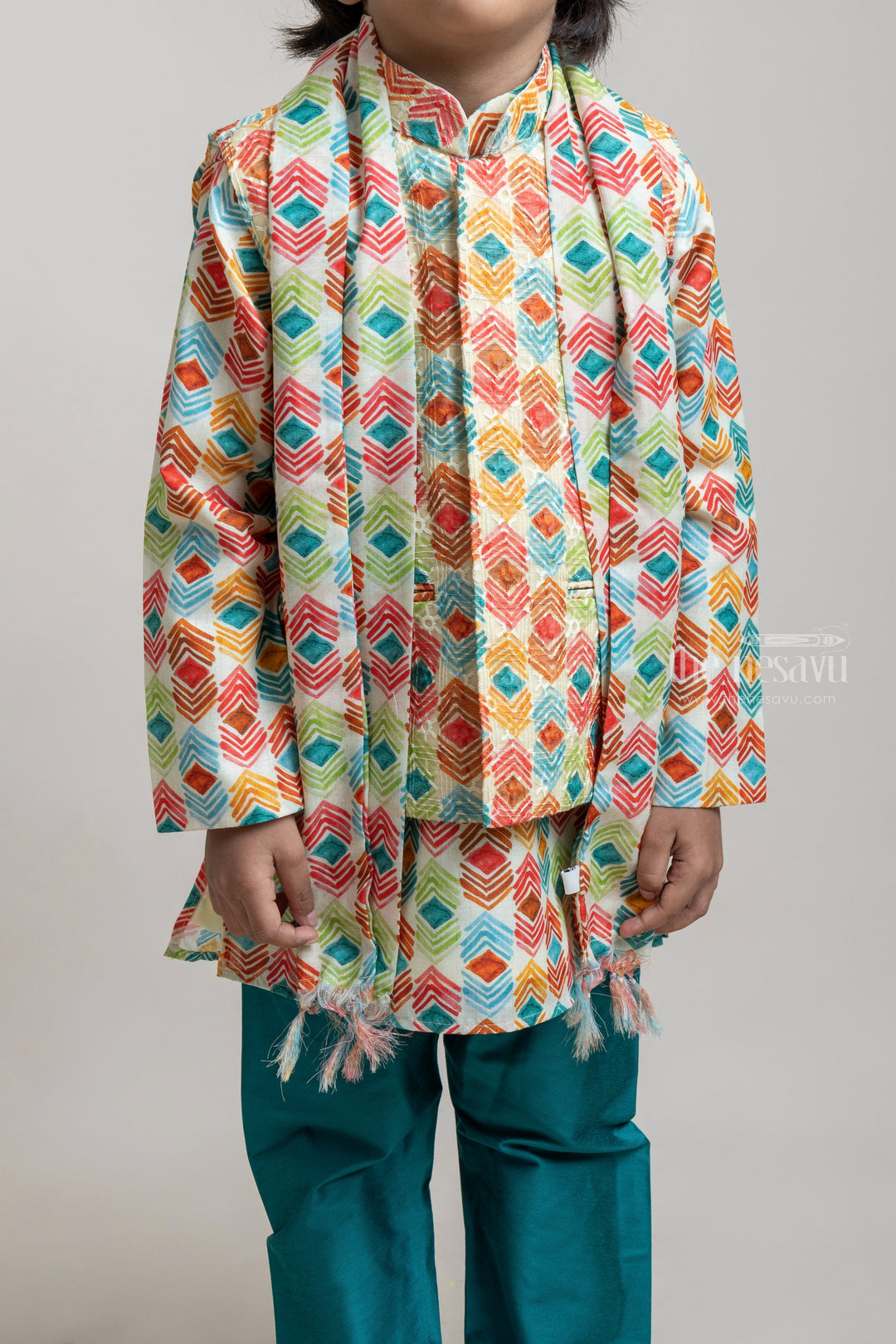 The Nesavu Boys Jacket Sets Pretty Green Abstract Printed Boys Kurta With Over coat And Dupatta Set Nesavu Ethnic Boys Kurta Set | New Collection | The Nesavu