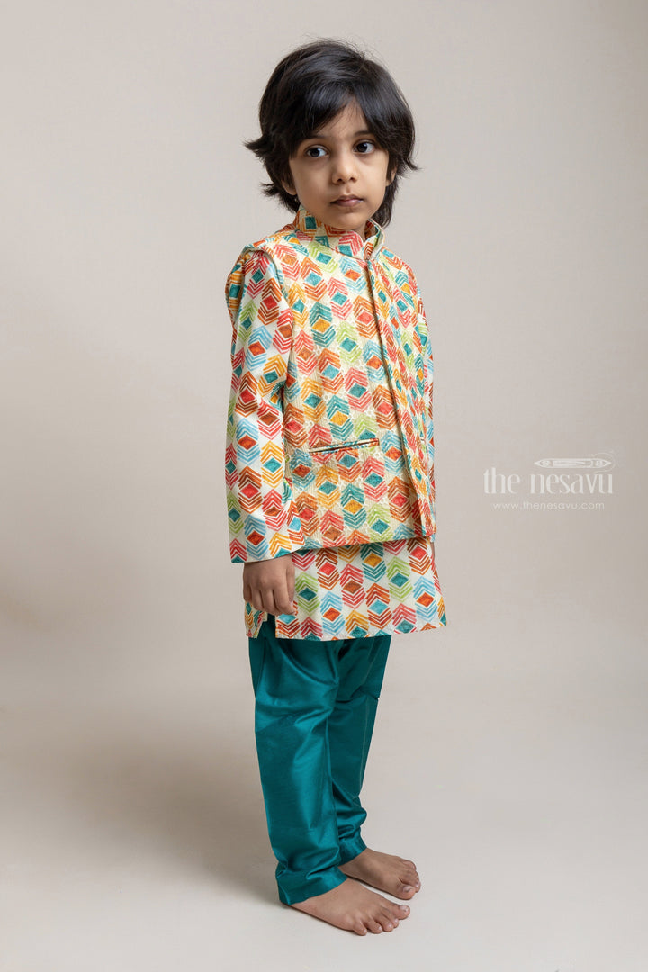 The Nesavu Boys Jacket Sets Pretty Green Abstract Printed Boys Kurta With Over coat And Dupatta Set Nesavu Ethnic Boys Kurta Set | New Collection | The Nesavu