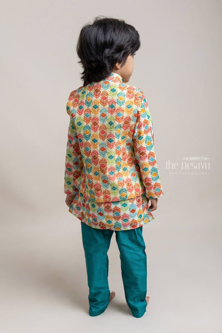 The Nesavu Boys Jacket Sets Pretty Green Abstract Printed Boys Kurta With Over coat And Dupatta Set Nesavu Ethnic Boys Kurta Set | New Collection | The Nesavu