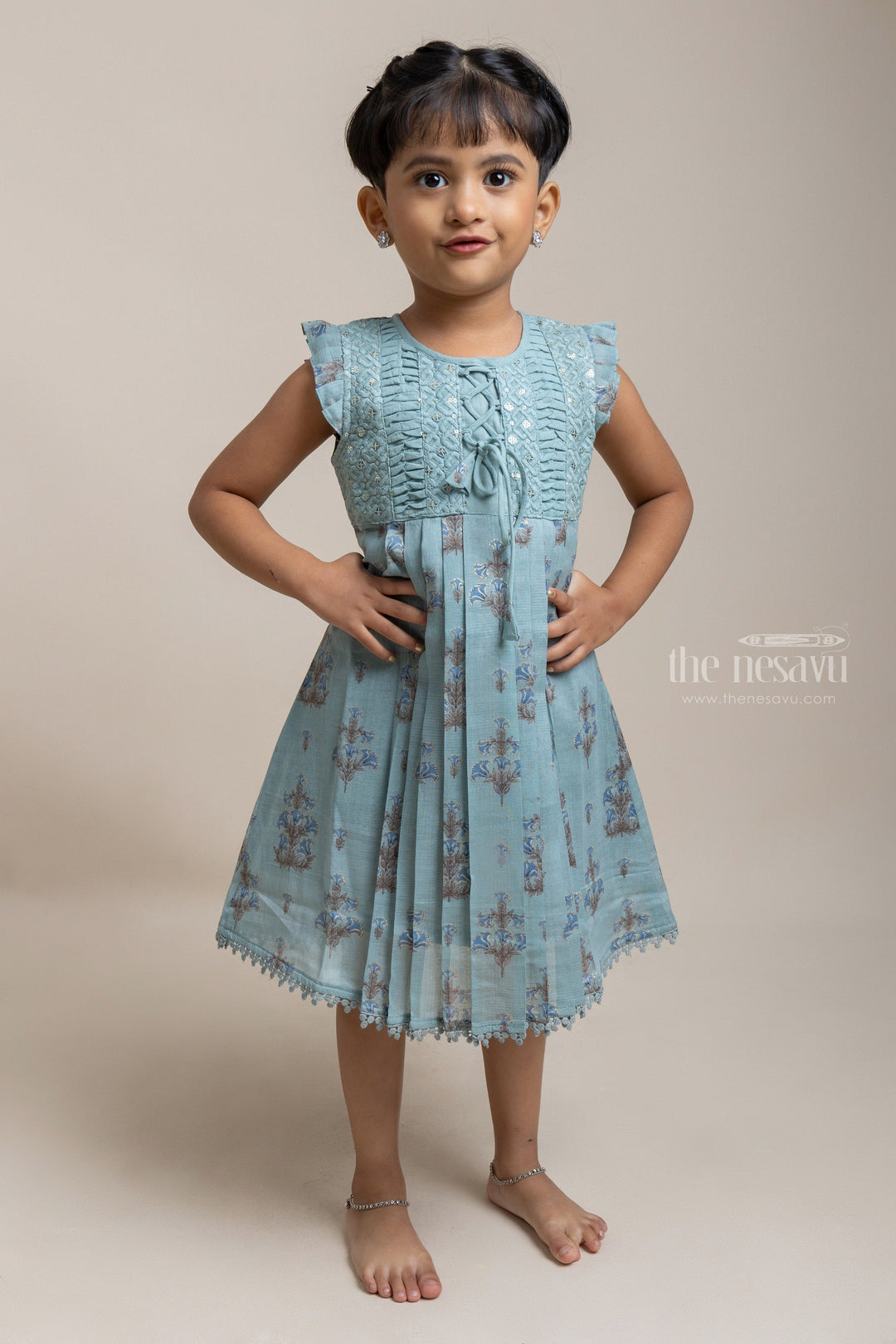 The Nesavu Girls Cotton Frock Pretty Green Floral Embroidered Yoke And Floral Printed Cotton Frock for Girls Nesavu 22 (4Y) / Green / Cotton GFC1025A Fancy Green Cotton Frock for Girls | Embroidered Frock For Girls | The Nesavu