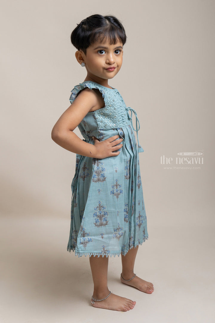 The Nesavu Girls Cotton Frock Pretty Green Floral Embroidered Yoke And Floral Printed Cotton Frock for Girls Nesavu Fancy Green Cotton Frock for Girls | Embroidered Frock For Girls | The Nesavu