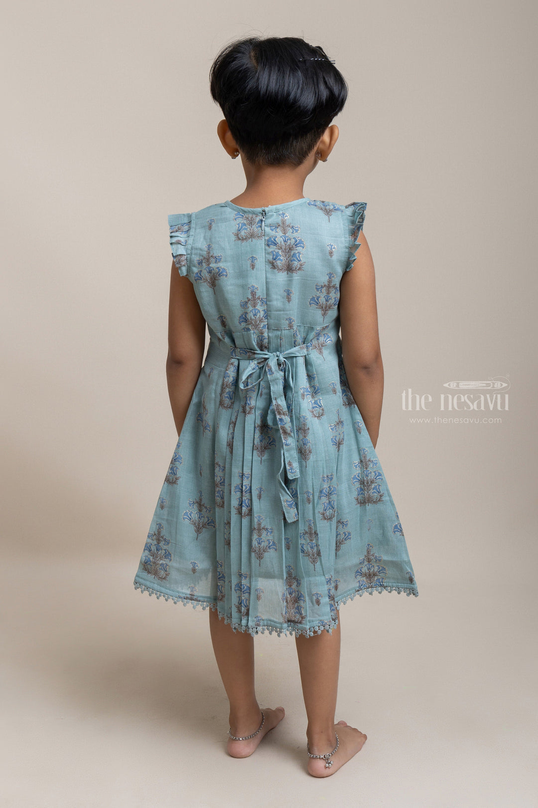 The Nesavu Girls Cotton Frock Pretty Green Floral Embroidered Yoke And Floral Printed Cotton Frock for Girls Nesavu Fancy Green Cotton Frock for Girls | Embroidered Frock For Girls | The Nesavu