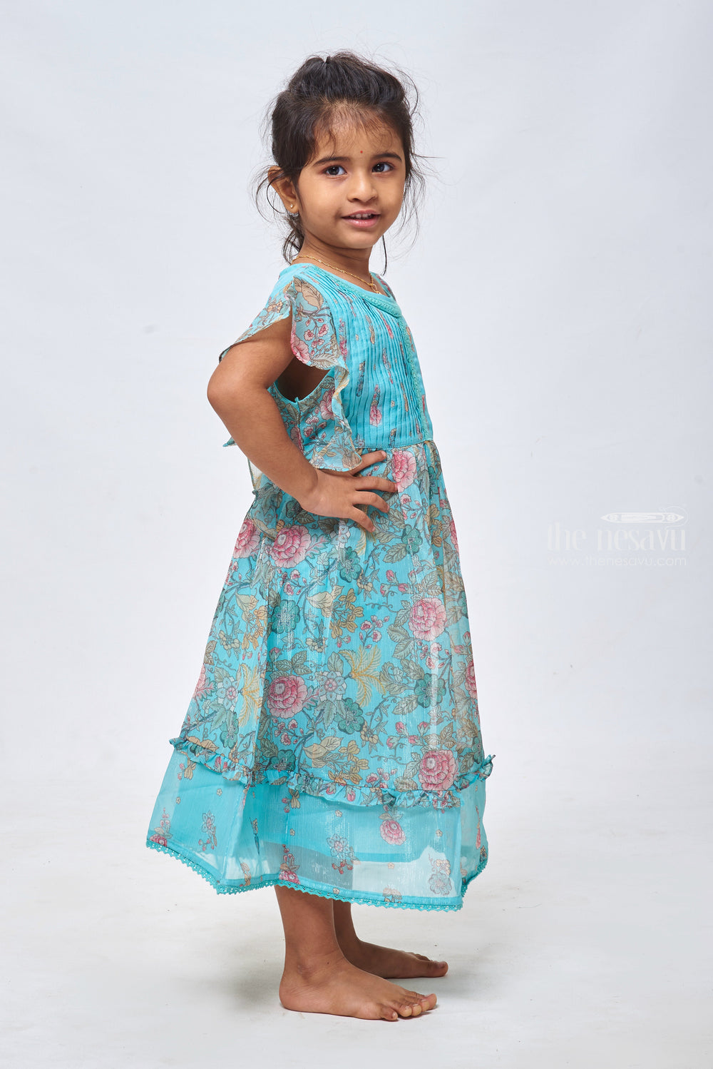The Nesavu Girls Cotton Frock Pretty in Blue: Girls Flared Floral Cotton Frock Nesavu Beautiful Cotton Frocks for Children | Trendy Designs for Every Occasion | The Nesavu