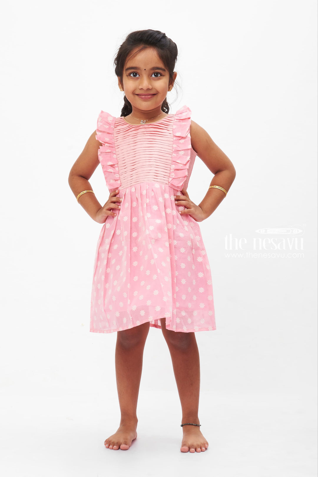 The Nesavu Baby Cotton Frocks Pretty in Pink Floral Accented Pleated Baby Frock for Girls Nesavu 16 (1Y) / Pink BFJ509A-16 Girls Pink Pleated Floral Dress | Delicate Summer Style | The Nesavu