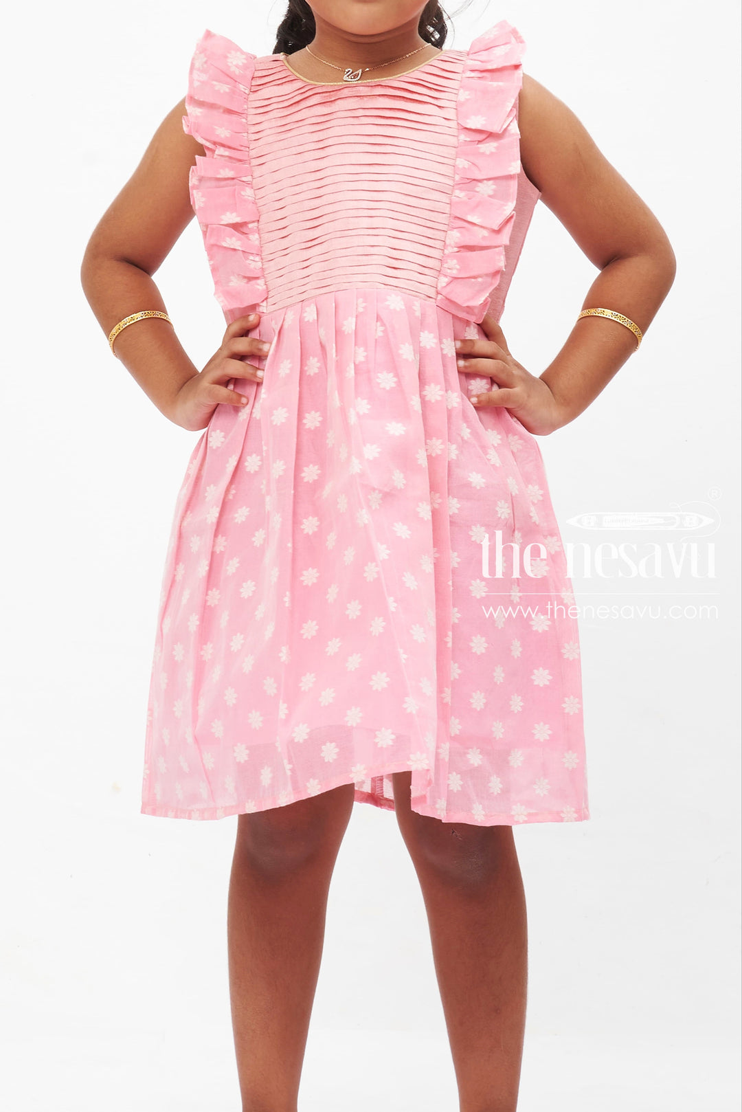 The Nesavu Baby Cotton Frocks Pretty in Pink Floral Accented Pleated Baby Frock for Girls Nesavu Girls Pink Pleated Floral Dress | Delicate Summer Style | The Nesavu