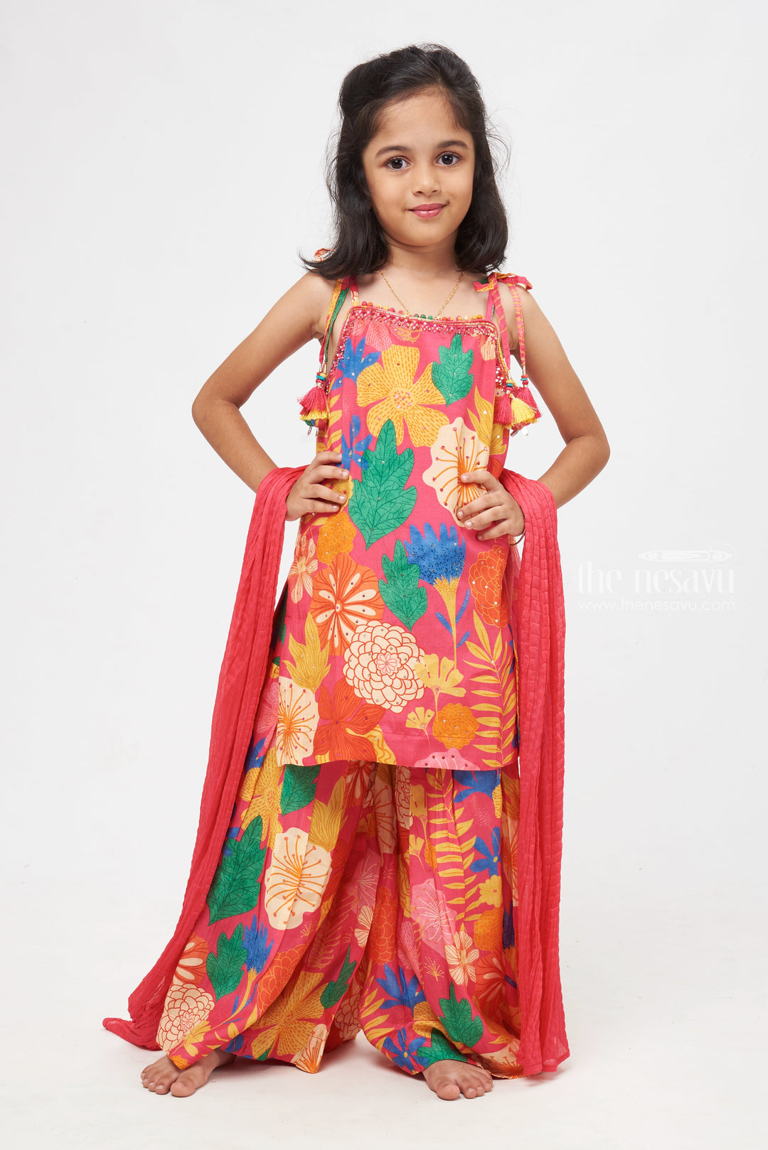 The Nesavu Girls Sharara / Plazo Set Pretty in Pink: Floral Printed Designer Top & Gharara Combo for Stylish Girls- Traditional Gharara clothes Nesavu Festive girls Top and Gharara ensemble | Girls Festive Gharara Designs | The Nesavu