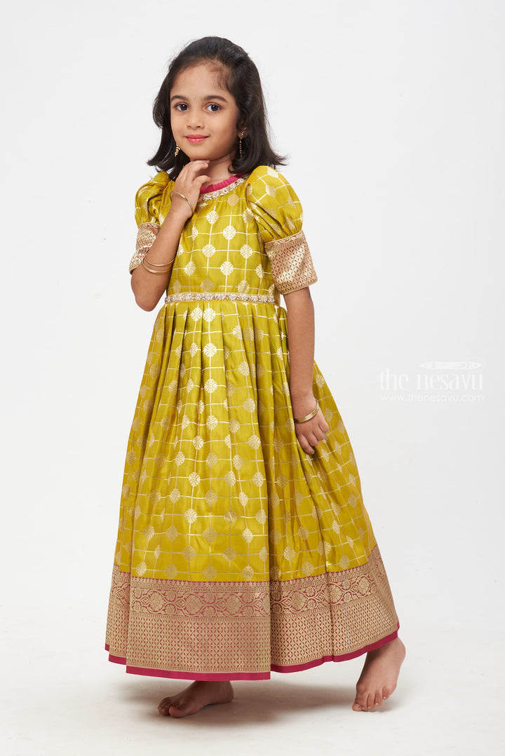 The Nesavu Silk Gown Pretty in Pink: Green & Pink Zari Checkered Pleated Jacquard Silk Gown for Girls Nesavu 16 (1Y) / Green / Jacquard GA154B-16 Anarkali Ethnic Fashion Trends | Traditional Anarkali Dress Designs | The Nesavu