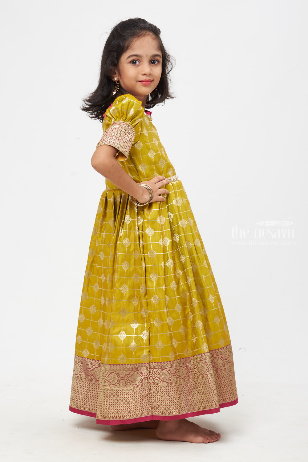 The Nesavu Silk Gown Pretty in Pink: Green & Pink Zari Checkered Pleated Jacquard Silk Gown for Girls Nesavu Anarkali Ethnic Fashion Trends | Traditional Anarkali Dress Designs | The Nesavu