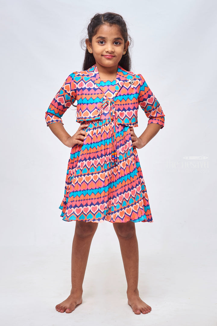 The Nesavu Girls Fancy Frock Pretty in Pink: Latest Frock Designs - Pleated Fancy Frock with Collared Overcoat for Girls Nesavu 20 (3Y) / Pink / Georgette GFC1159B-20 Cotton Frocks with Elegant Heart Print | Adorable Baby Fancy Wear Collection | The Nesavu
