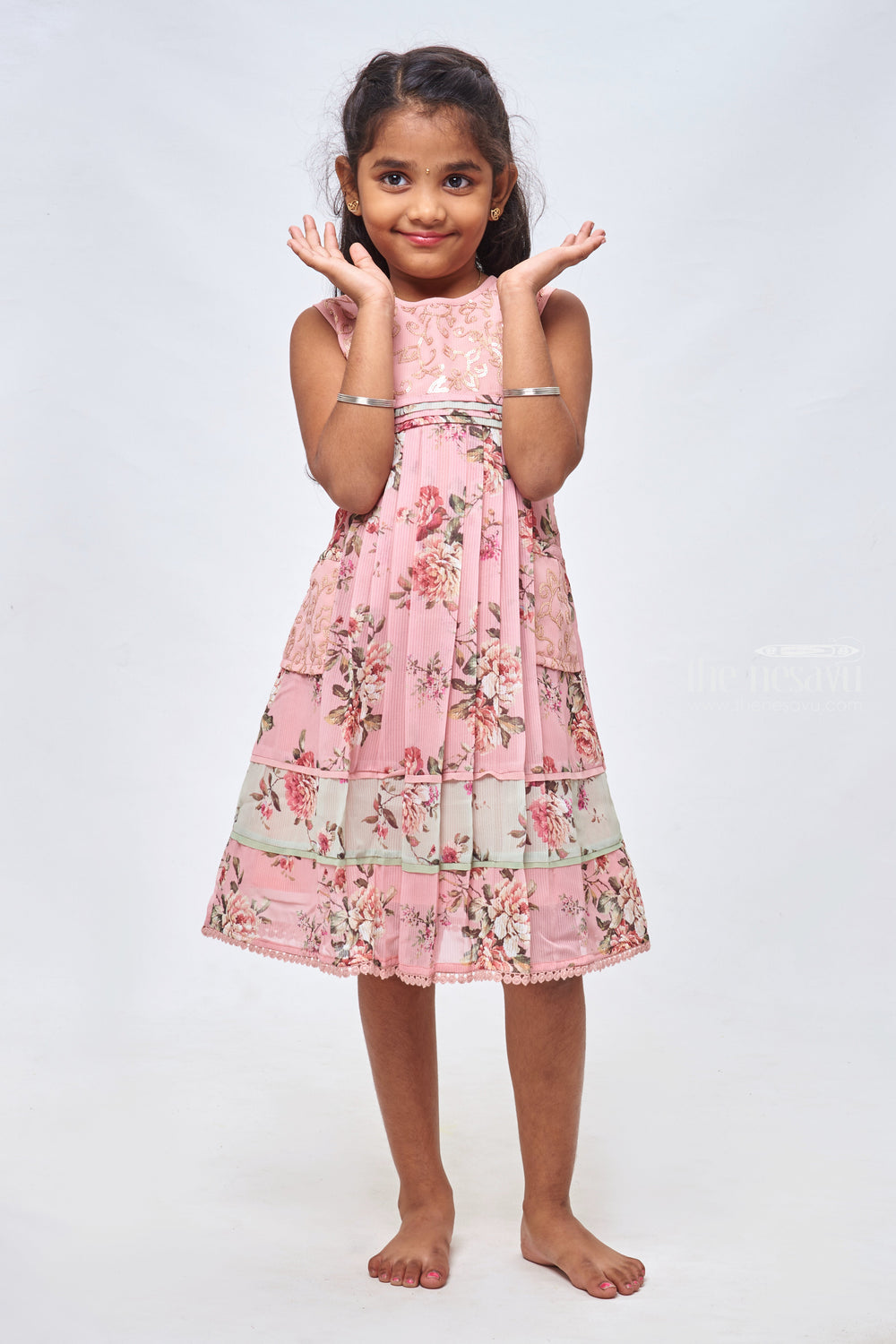 The Nesavu Girls Cotton Frock Pretty in Pink: Sequin Embroidered Floral Printed Pink Cotton Frock for Girls Nesavu Cotton Frocks in Diverse Designs for Girls | Comfortable Cotton Frocks for Girls | The Nesavu