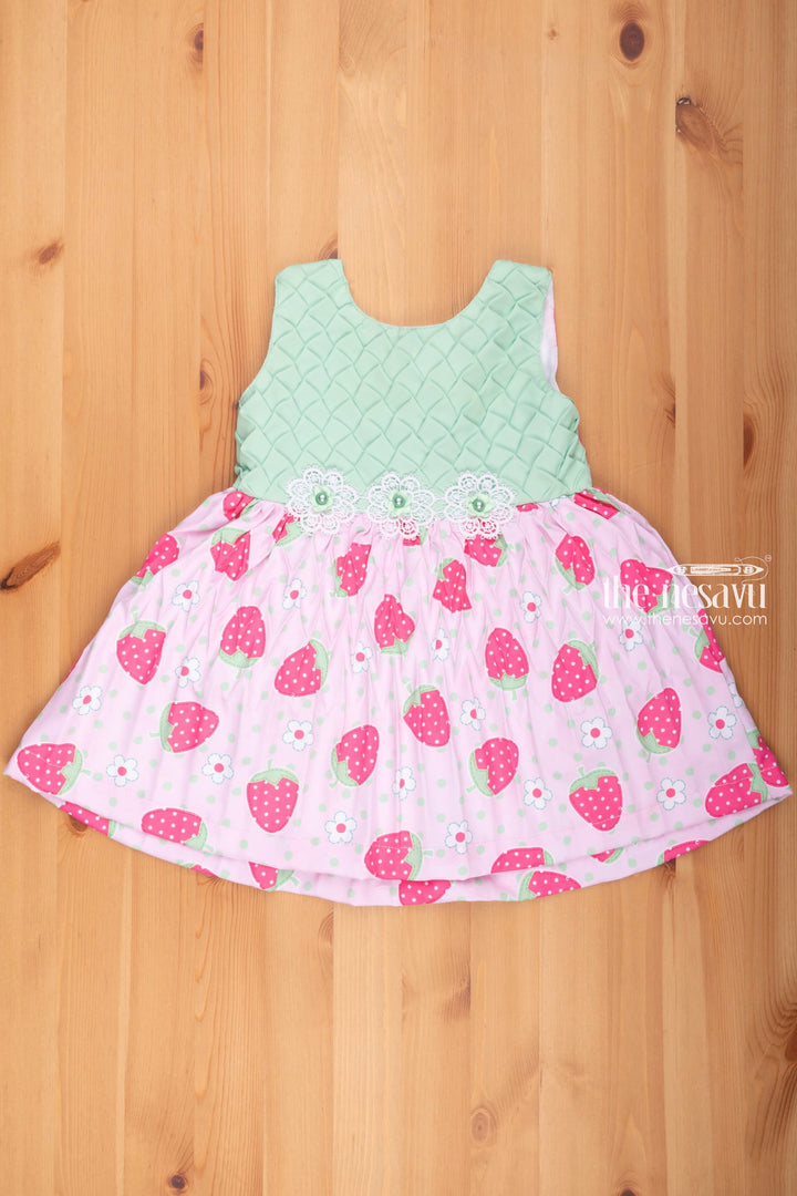 The Nesavu Baby Fancy Frock Pretty in Pink: Strawberry Print Cotton Frock for Baby Girls Nesavu 14 (6M) / Pink / Poly Crepe BFJ465C-14 Best Newborn Clothes Online | Stylish Baby Girl Frock | the Nesavu