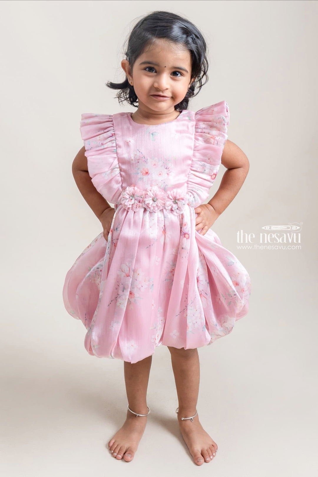 The Nesavu Baby Fancy Frock Pretty Onion Pink Floral Printed Ruffled Sleeve Organza Frock For Baby Girls Nesavu 14 (6M) / Pink / Organza BFJ387A-14 Premium Chiffon Baby Frock | Latest Baby Frock Collection | The Nesavu
