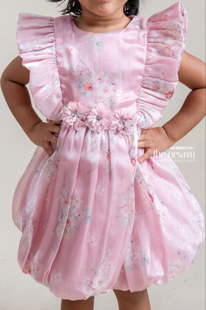 The Nesavu Baby Fancy Frock Pretty Onion Pink Floral Printed Ruffled Sleeve Organza Frock For Baby Girls Nesavu Premium Chiffon Baby Frock | Latest Baby Frock Collection | The Nesavu