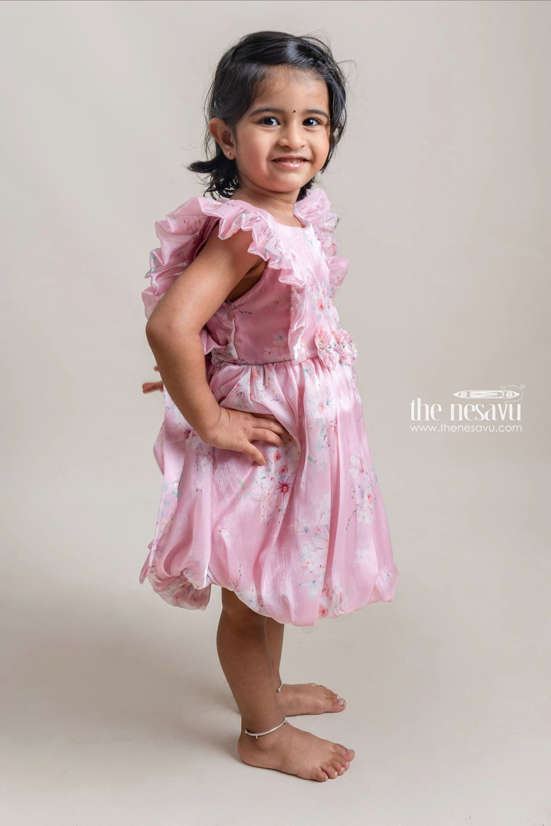 The Nesavu Baby Fancy Frock Pretty Onion Pink Floral Printed Ruffled Sleeve Organza Frock For Baby Girls Nesavu Premium Chiffon Baby Frock | Latest Baby Frock Collection | The Nesavu