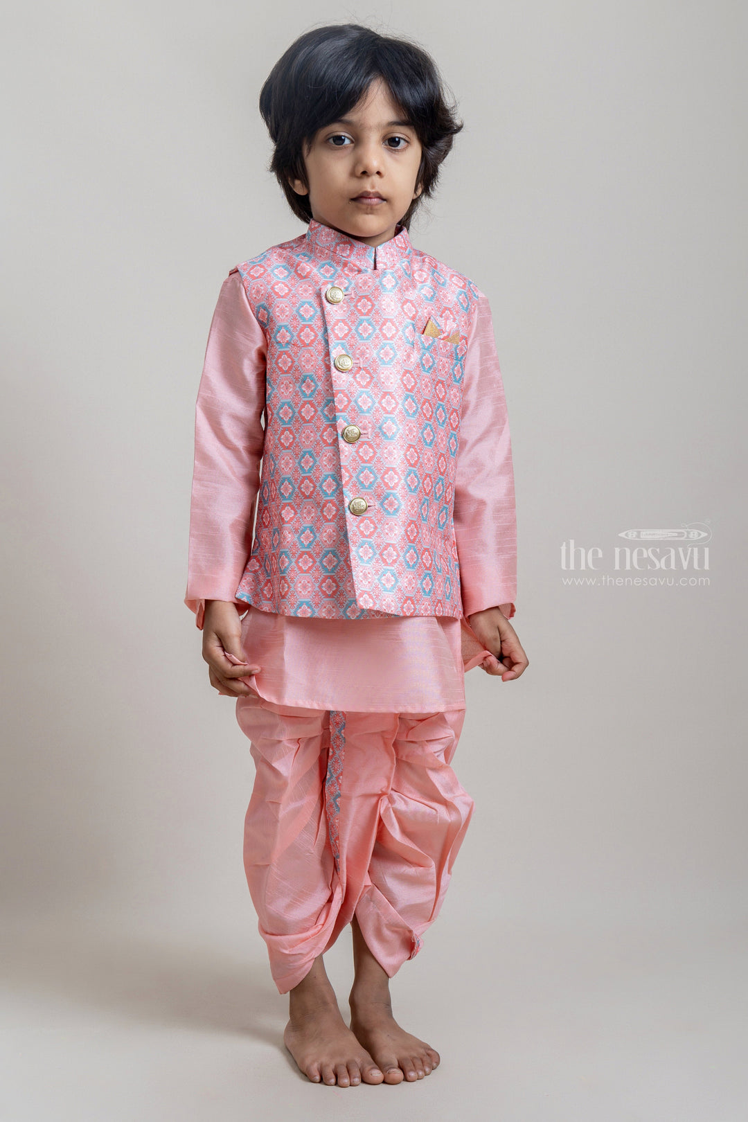 The Nesavu Boys Jacket Sets Pretty Orange Ethnic Kurta Set With Floral Printed Over-Coat For Boys Nesavu 14 (6M) / Orange / Semi Silk BES326A-14 Ethnic Kurta With Coat For Boys | Premium Boys Kurta Collection | The Nesavu