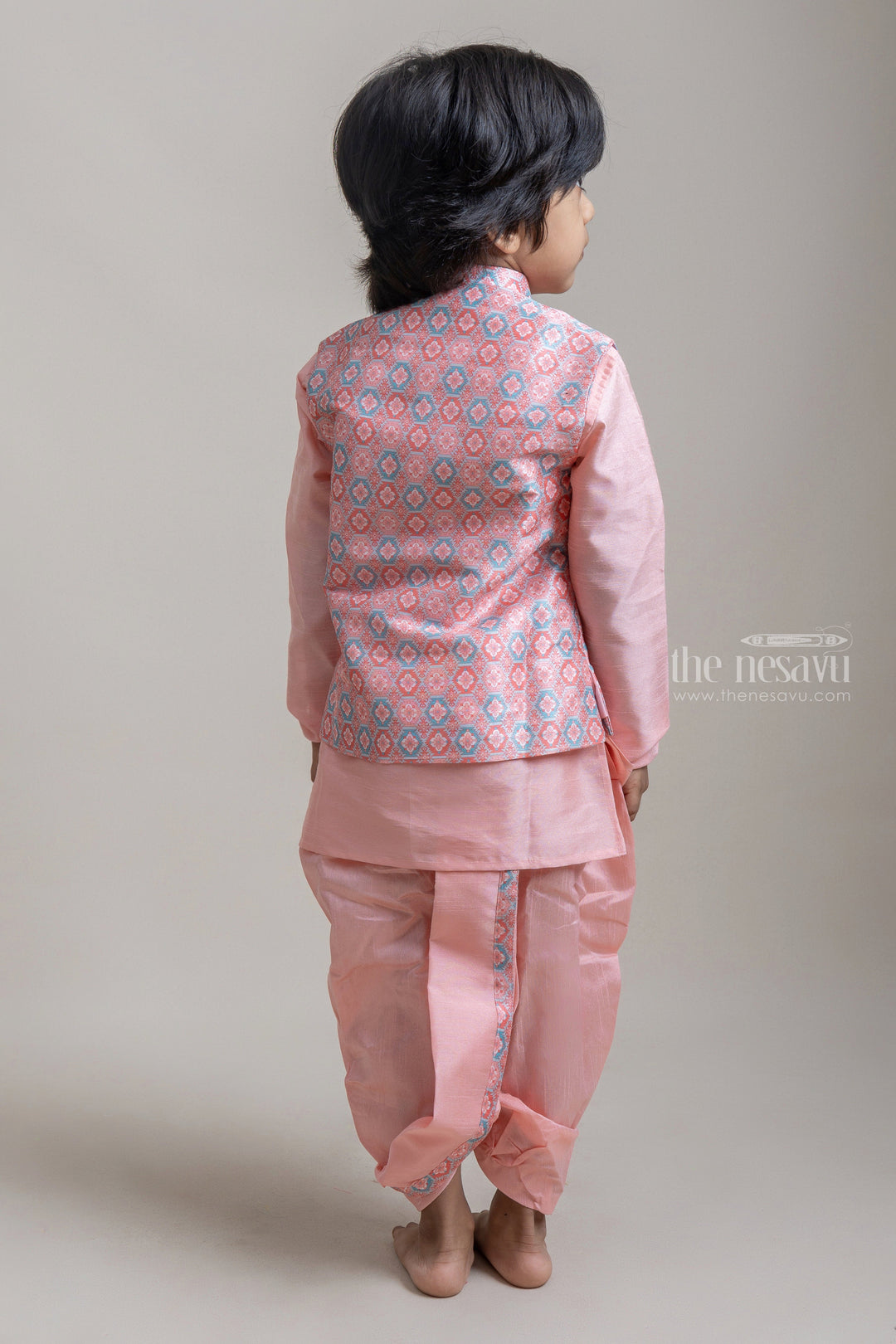 The Nesavu Boys Jacket Sets Pretty Orange Ethnic Kurta Set With Floral Printed Over-Coat For Boys Nesavu Ethnic Kurta With Coat For Boys | Premium Boys Kurta Collection | The Nesavu