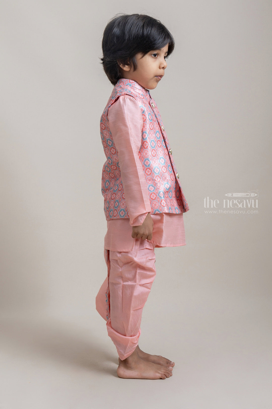 The Nesavu Boys Jacket Sets Pretty Orange Ethnic Kurta Set With Floral Printed Over-Coat For Boys Nesavu Ethnic Kurta With Coat For Boys | Premium Boys Kurta Collection | The Nesavu