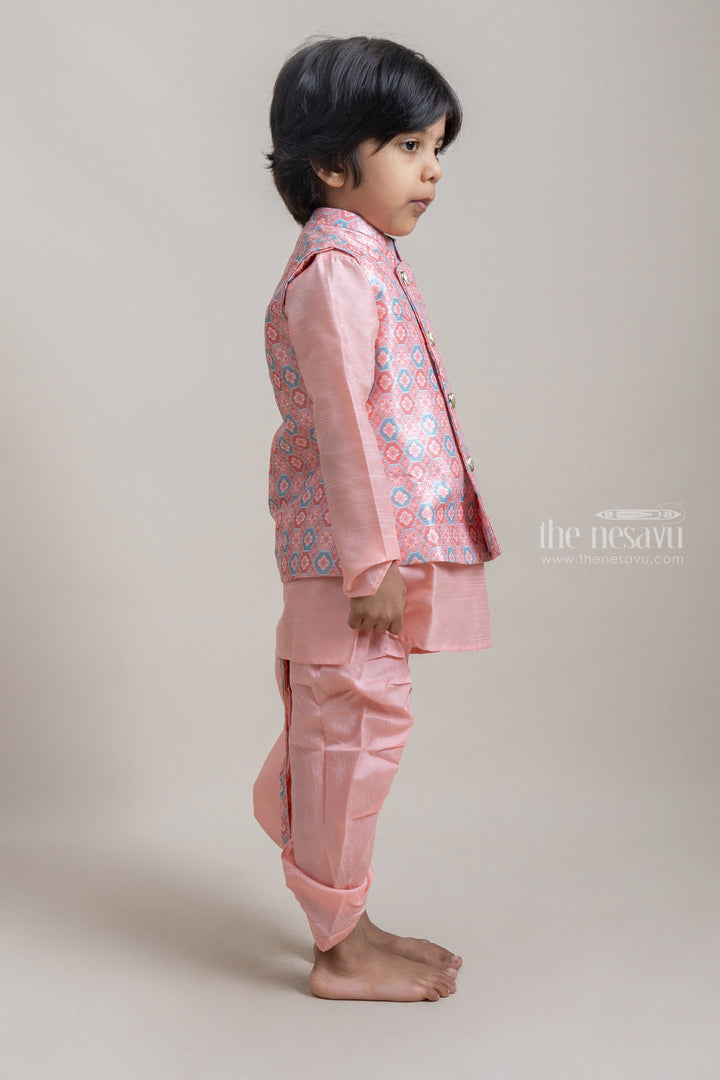 The Nesavu Boys Jacket Sets Pretty Orange Ethnic Kurta Set With Floral Printed Over-Coat For Boys Nesavu Ethnic Kurta With Coat For Boys | Premium Boys Kurta Collection | The Nesavu