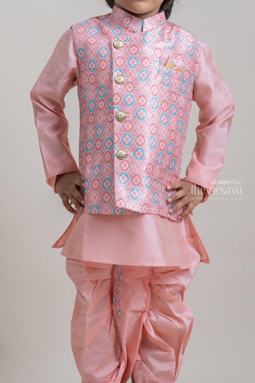 The Nesavu Boys Jacket Sets Pretty Orange Ethnic Kurta Set With Floral Printed Over-Coat For Boys Nesavu Ethnic Kurta With Coat For Boys | Premium Boys Kurta Collection | The Nesavu