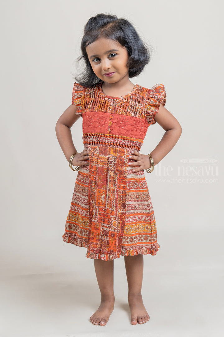 The Nesavu Baby Cotton Frocks Pretty Orange Floral Printed Casual Cotton Frock For Girls Nesavu 14 (6M) / Orange / Rayon BFJ389B Floral Design Embroidered Frock For Girls | Girls Frock Dress | The Nesavu