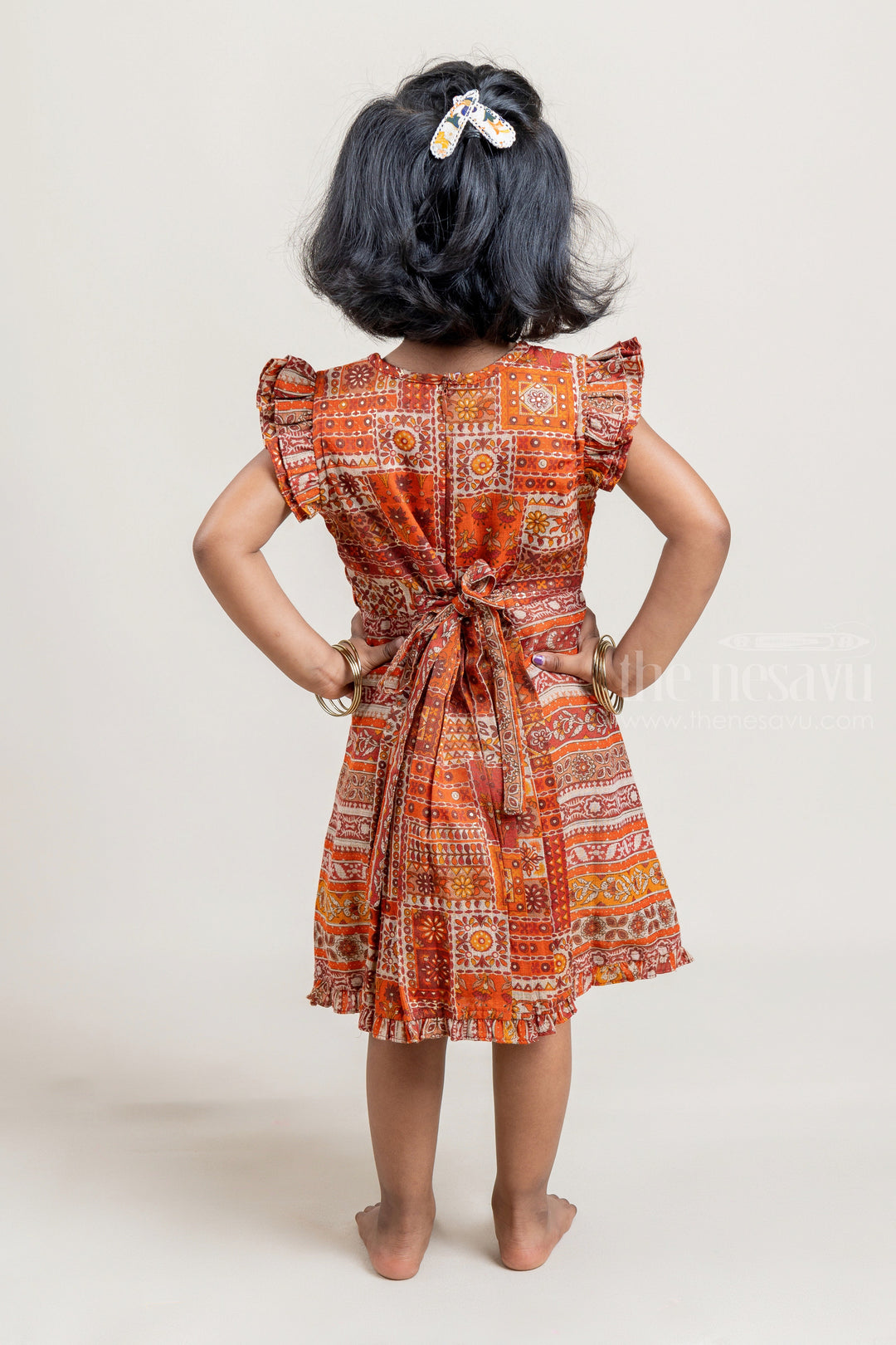 The Nesavu Baby Cotton Frocks Pretty Orange Floral Printed Casual Cotton Frock For Girls Nesavu Floral Design Embroidered Frock For Girls | Girls Frock Dress | The Nesavu