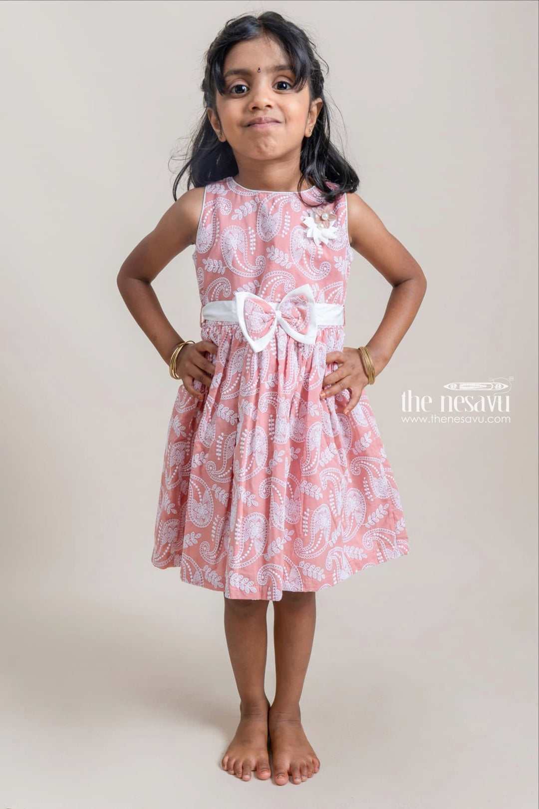 The Nesavu Girls Cotton Frock Pretty Paisley Embroidered Sleeveless Salmon Pink Cotton Frock For Little Girls Nesavu 14 (6M) / Pink / Cotton GFC1030A-14 Premium Girls Frock Suit | Latest Cotton Frock Design | The Nesavu