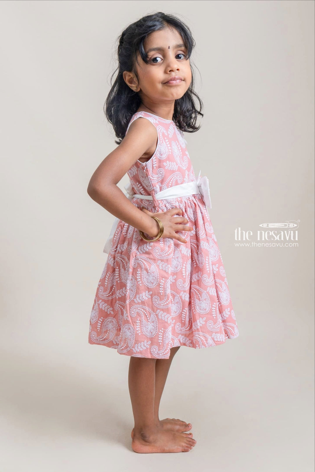 The Nesavu Girls Cotton Frock Pretty Paisley Embroidered Sleeveless Salmon Pink Cotton Frock For Little Girls Nesavu Premium Girls Frock Suit | Latest Cotton Frock Design | The Nesavu