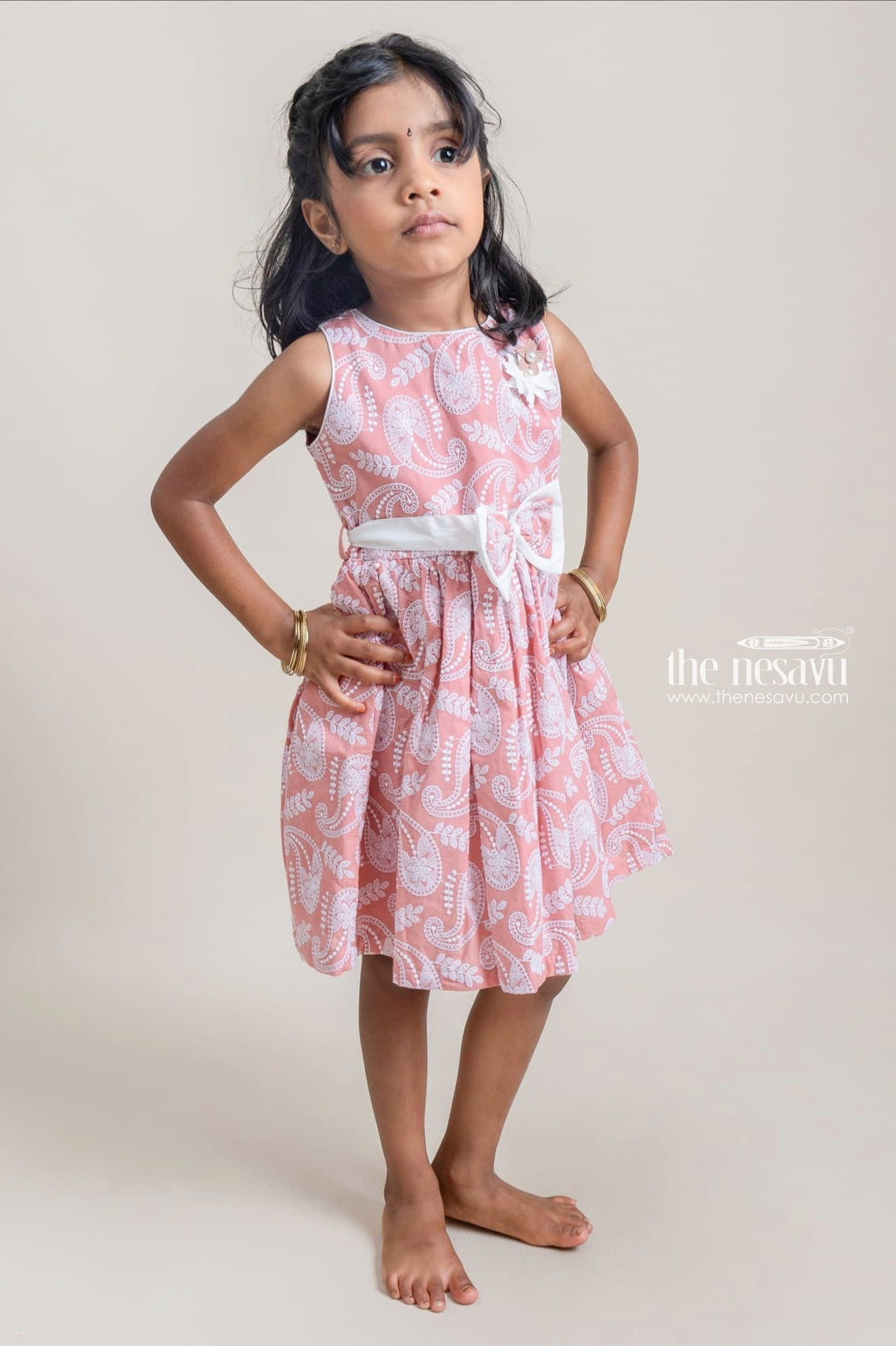 The Nesavu Girls Cotton Frock Pretty Paisley Embroidered Sleeveless Salmon Pink Cotton Frock For Little Girls Nesavu Premium Girls Frock Suit | Latest Cotton Frock Design | The Nesavu
