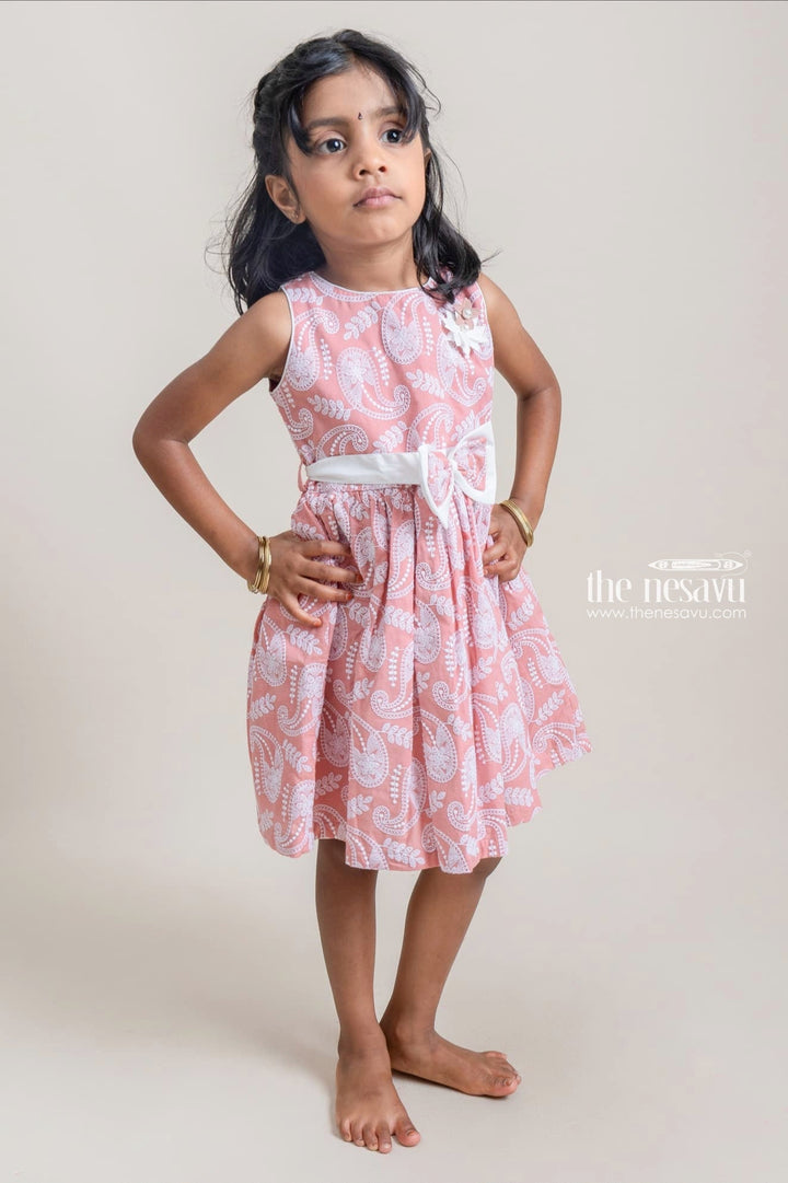 The Nesavu Girls Cotton Frock Pretty Paisley Embroidered Sleeveless Salmon Pink Cotton Frock For Little Girls Nesavu Premium Girls Frock Suit | Latest Cotton Frock Design | The Nesavu