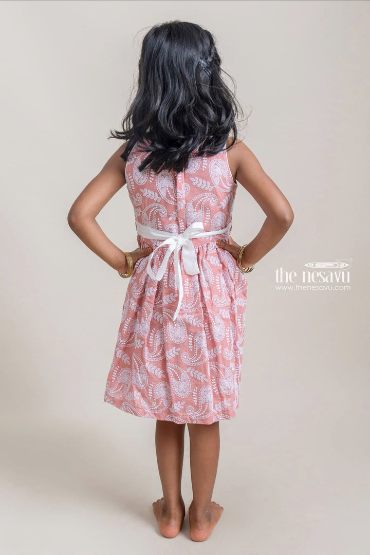 The Nesavu Girls Cotton Frock Pretty Paisley Embroidered Sleeveless Salmon Pink Cotton Frock For Little Girls Nesavu Premium Girls Frock Suit | Latest Cotton Frock Design | The Nesavu