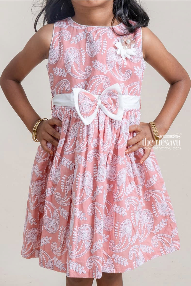 The Nesavu Girls Cotton Frock Pretty Paisley Embroidered Sleeveless Salmon Pink Cotton Frock For Little Girls Nesavu Premium Girls Frock Suit | Latest Cotton Frock Design | The Nesavu