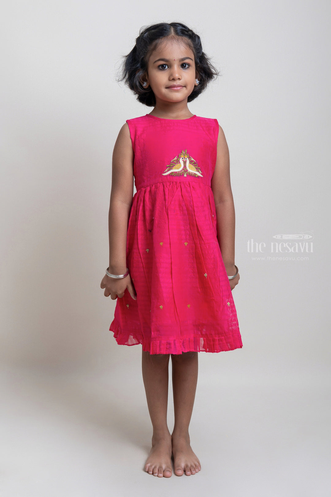 The Nesavu Girls Fancy Frock Pretty Peacock Embroidered Sleeveless Light Weight Chanderi Frock For Girls Nesavu 16 (1Y) / Pink / Chanderi GFC1011A-16 Lovely Pink Cotton Frock For Girls | Latest Girls Dress Collection | The Nesavu