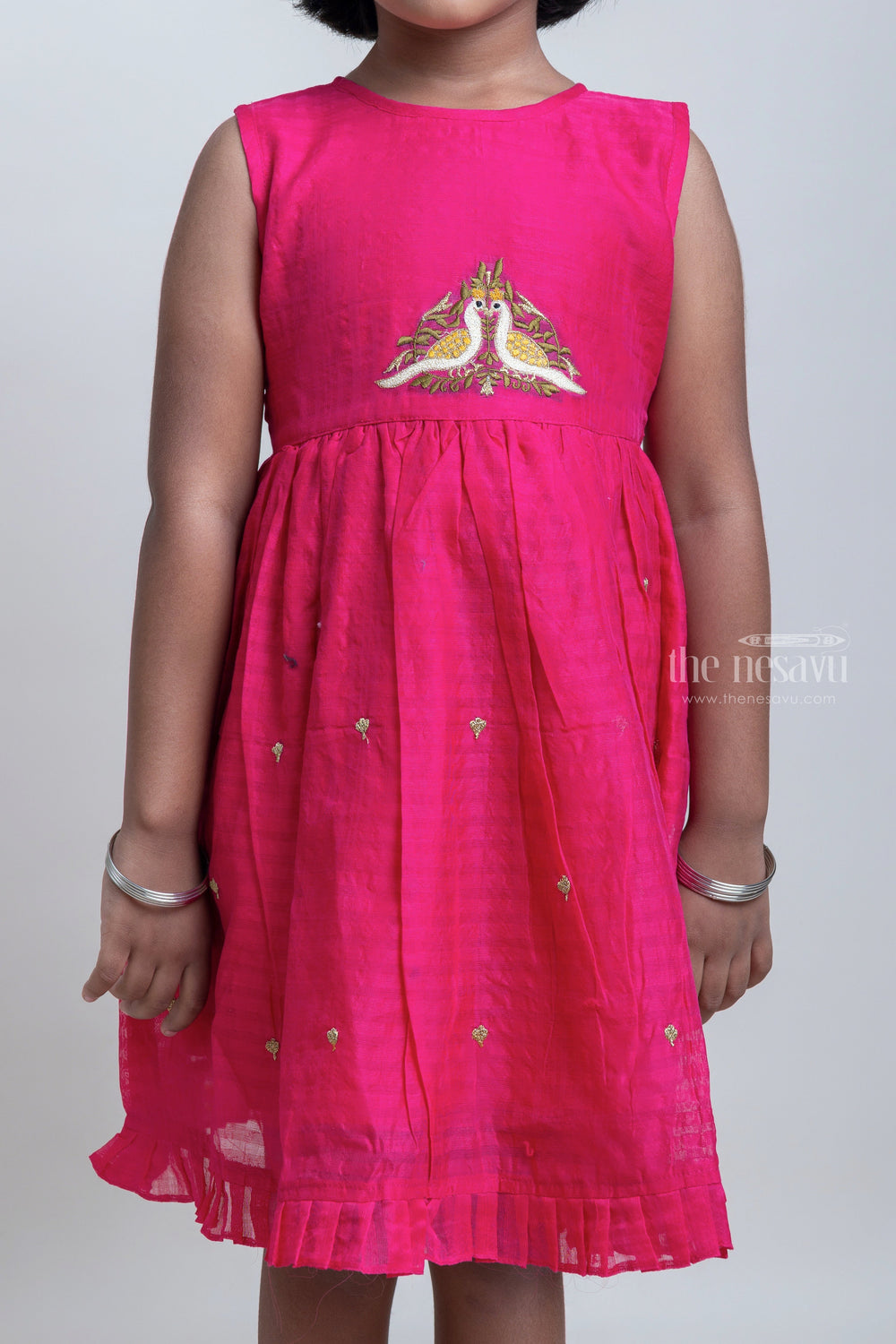 The Nesavu Girls Fancy Frock Pretty Peacock Embroidered Sleeveless Light Weight Chanderi Frock For Girls Nesavu Lovely Pink Cotton Frock For Girls | Latest Girls Dress Collection | The Nesavu