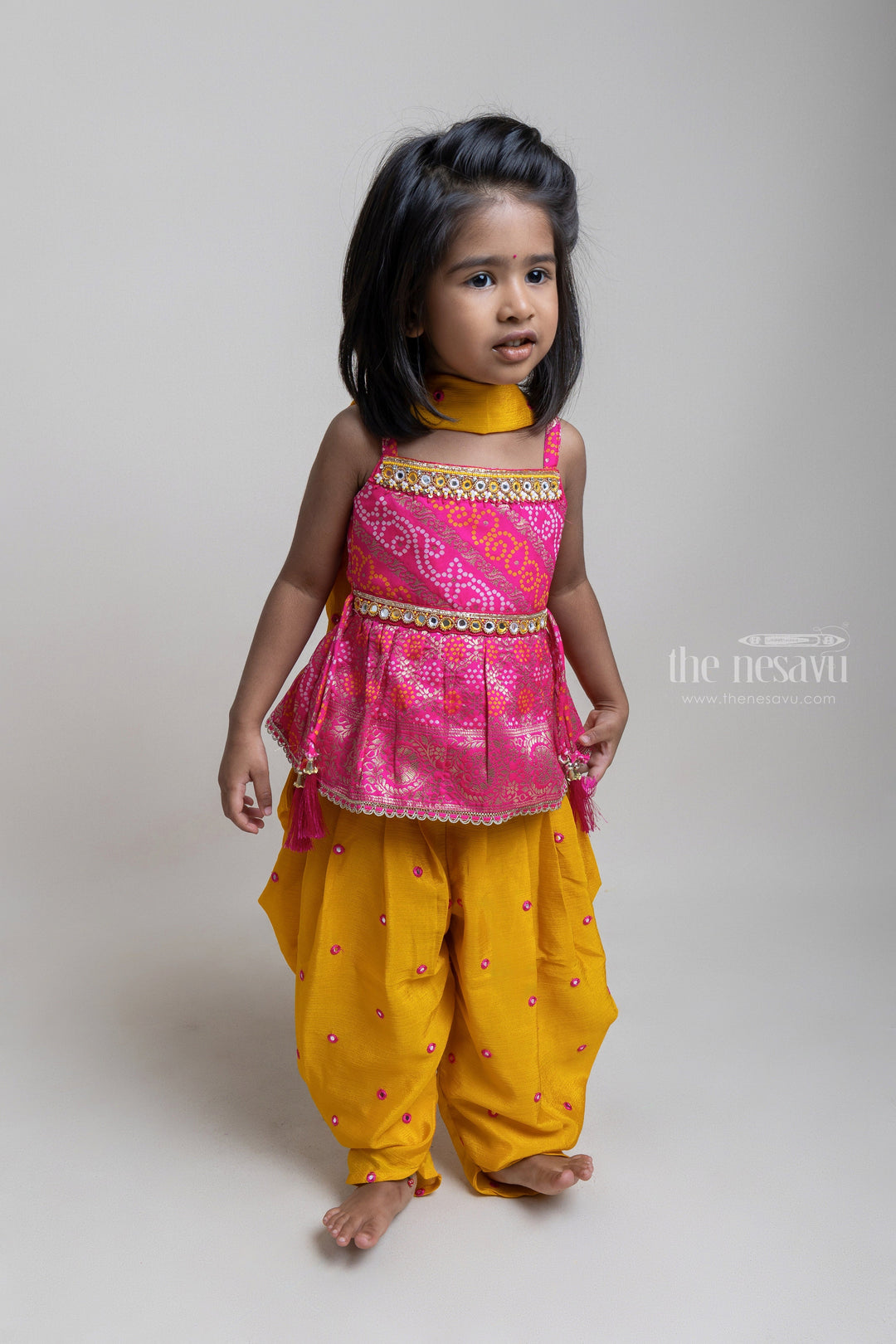 The Nesavu Girls Dothi Sets Pretty Pink Bandhini Jacquard Tops And Yellow Pattiyala Pant For Girls Nesavu 16 (1Y) / Yellow GPS121A-16 Ethnic Wear For Girls | Premium Palazzo Collection | The Nesavu