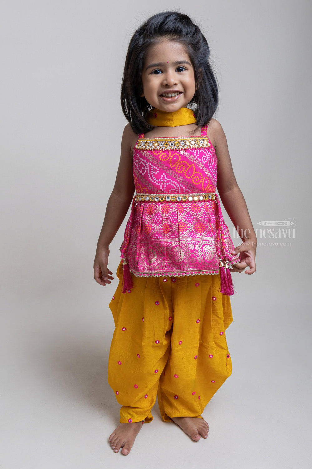 The Nesavu Girls Dothi Sets Pretty Pink Bandhini Jacquard Tops And Yellow Pattiyala Pant For Girls Nesavu Ethnic Wear For Girls | Premium Palazzo Collection | The Nesavu