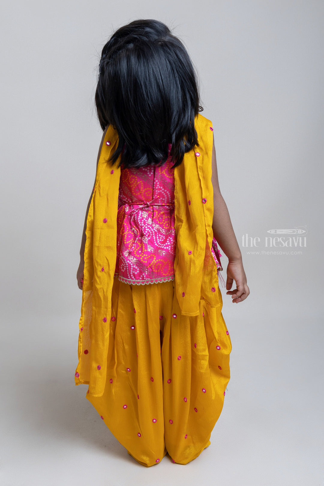 The Nesavu Girls Dothi Sets Pretty Pink Bandhini Jacquard Tops And Yellow Pattiyala Pant For Girls Nesavu Ethnic Wear For Girls | Premium Palazzo Collection | The Nesavu