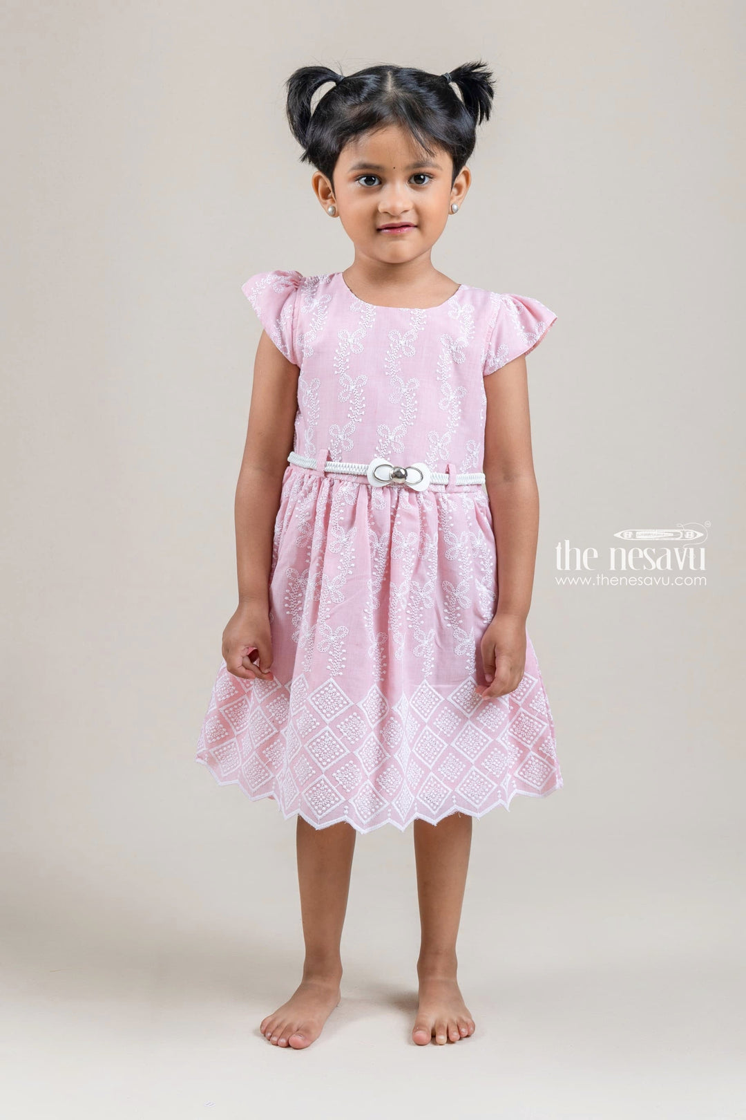 The Nesavu Baby Cotton Frocks Pretty Pink Floral Embroidered Baby Cotton Frock With Designer Belt Nesavu 14 (6M) / Pink / Cotton Blend BFJ398A-14 Latest Frock Gown For Baby Girls | Pink Frock Collection | The Nesavu