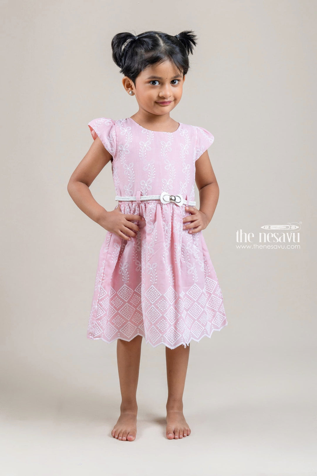 The Nesavu Baby Cotton Frocks Pretty Pink Floral Embroidered Baby Cotton Frock With Designer Belt Nesavu Latest Frock Gown For Baby Girls | Pink Frock Collection | The Nesavu