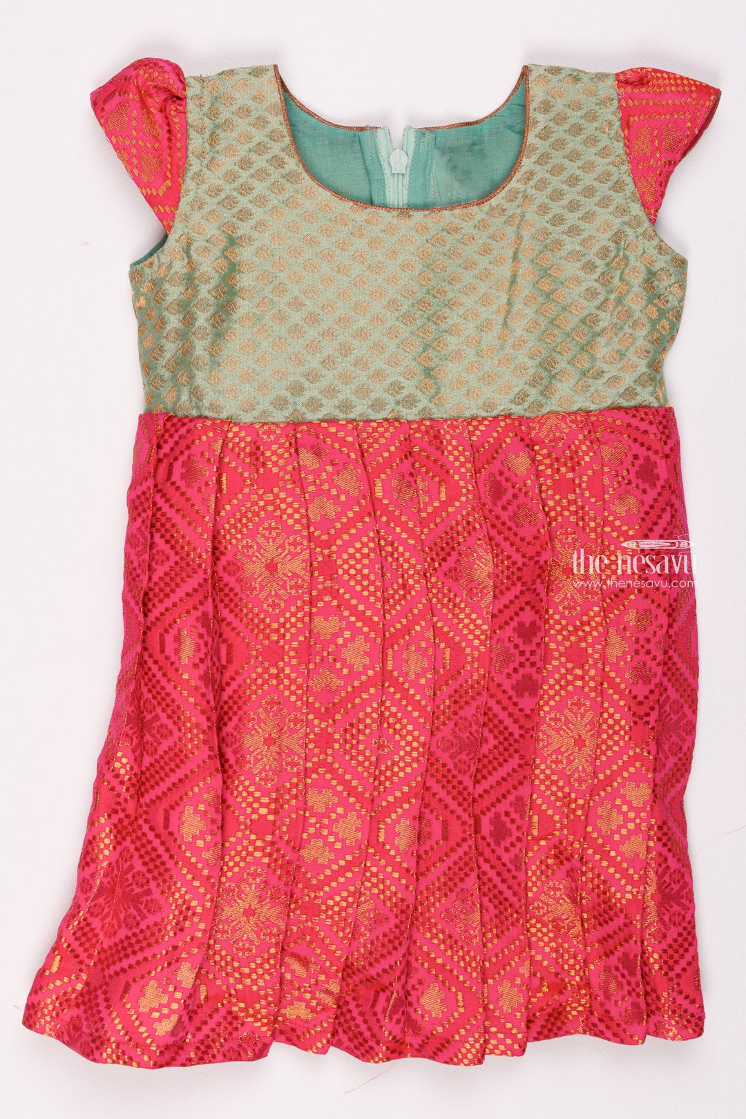 The Nesavu Silk Frock Pretty Pink Patola Pleated Ensemble with Green Brocade Brilliance A Fusion of Traditions for Young Divas Nesavu 16 (1Y) / Pink / Banarasi SF700-16 Baby Indian Silk Frock | Pattu Frock Baby 1 yr | The Nesavu