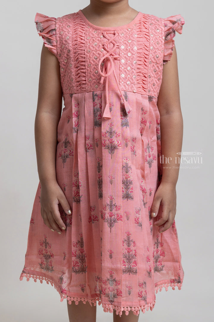 The Nesavu Girls Cotton Frock Pretty Salmon Floral Embroidered Yoke And Floral Printed Cotton Frock for Girls Nesavu Fantastic Floral Printed Cotton Frock For Girls | Premium Cotton Frocks | The Nesavu