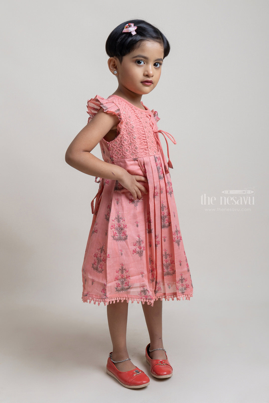 The Nesavu Girls Cotton Frock Pretty Salmon Floral Embroidered Yoke And Floral Printed Cotton Frock for Girls Nesavu Fantastic Floral Printed Cotton Frock For Girls | Premium Cotton Frocks | The Nesavu