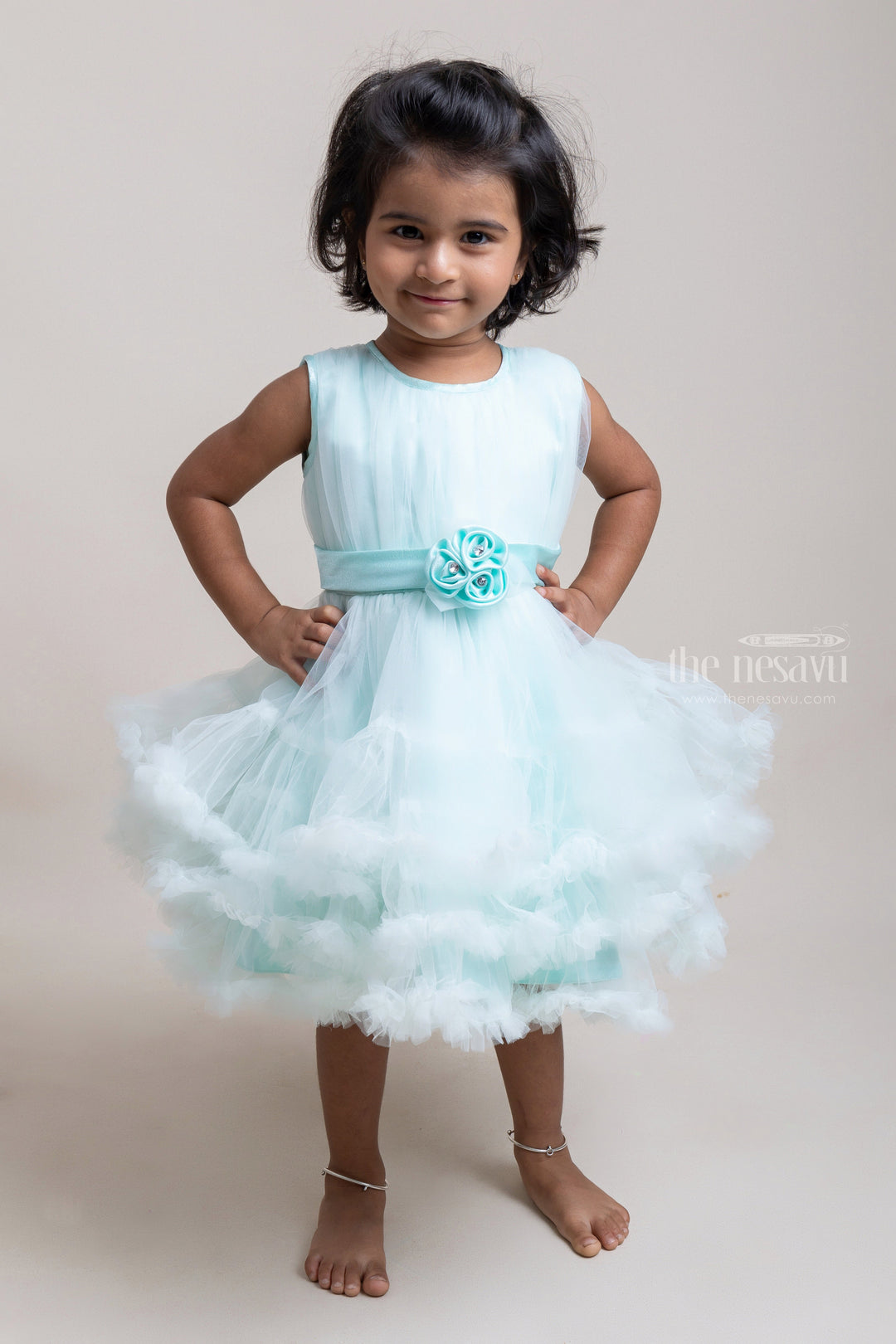 The Nesavu Girls Tutu Frock Pretty Sea Green Flower Crafted Puffed Party Frock For Girls Nesavu 16 (1Y) / Green PF114B Flower Designer Party Frock For Girls | Latest Girls Collection | The Nesavu