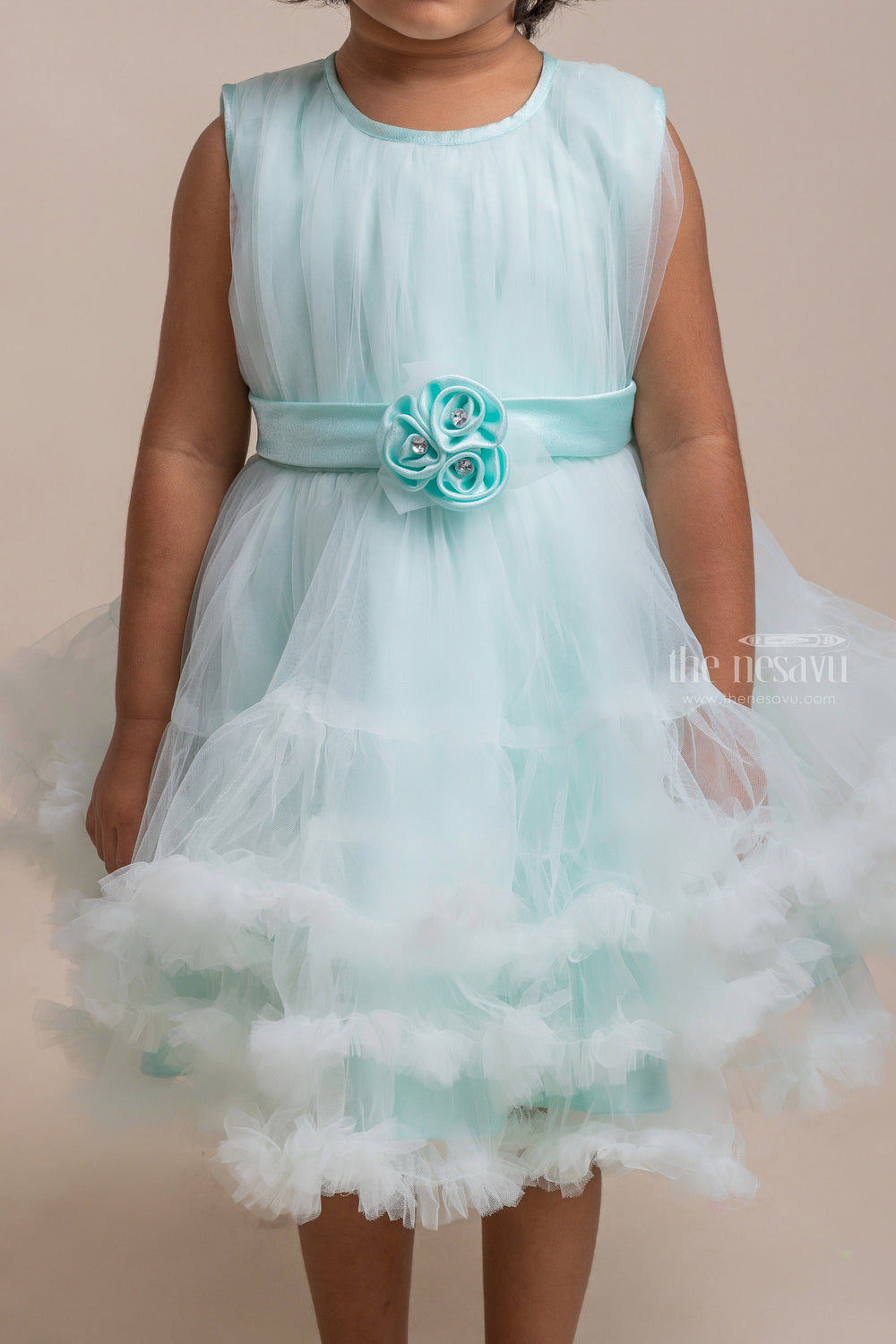 The Nesavu Girls Tutu Frock Pretty Sea Green Flower Crafted Puffed Party Frock For Girls Nesavu Flower Designer Party Frock For Girls | Latest Girls Collection | The Nesavu