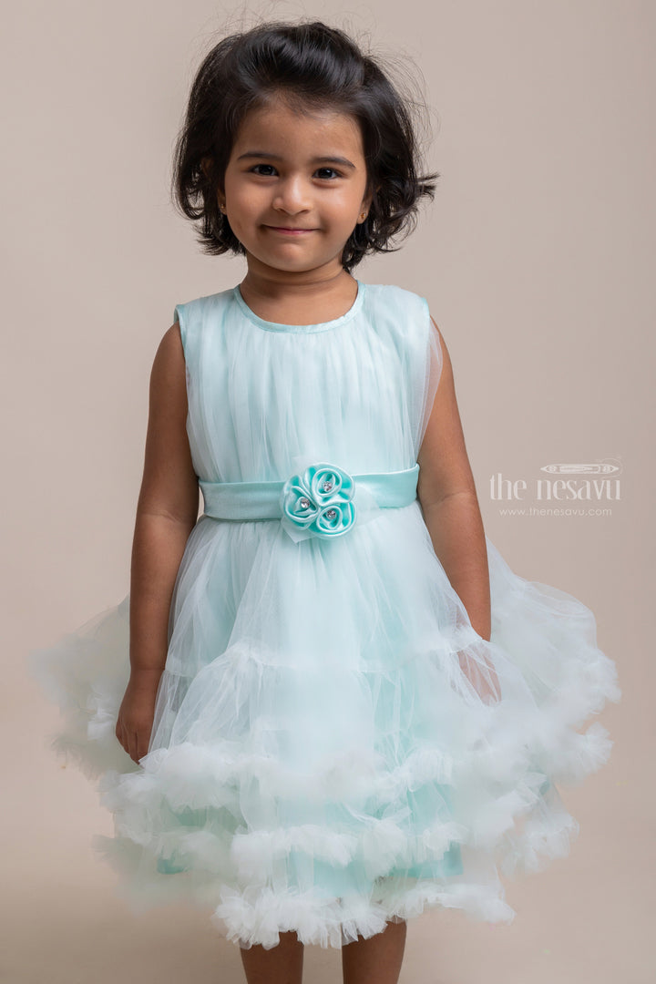 The Nesavu Girls Tutu Frock Pretty Sea Green Flower Crafted Puffed Party Frock For Girls Nesavu Flower Designer Party Frock For Girls | Latest Girls Collection | The Nesavu