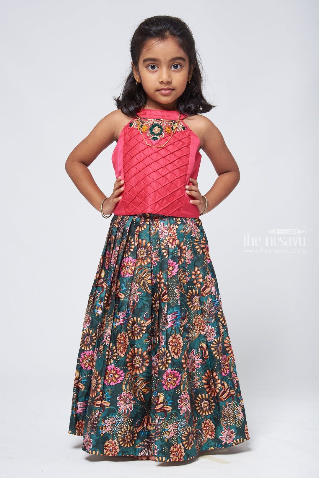 The Nesavu Lehenga & Ghagra Pretty Sleeveless Deeppink Choli With Floral Printed Green Lehenga For Girls Nesavu 16 (1Y) / Green / Poly Silk GL326-16 Modern Deeppink Choli Set | Premium Lehanga Choli | The Nesavu