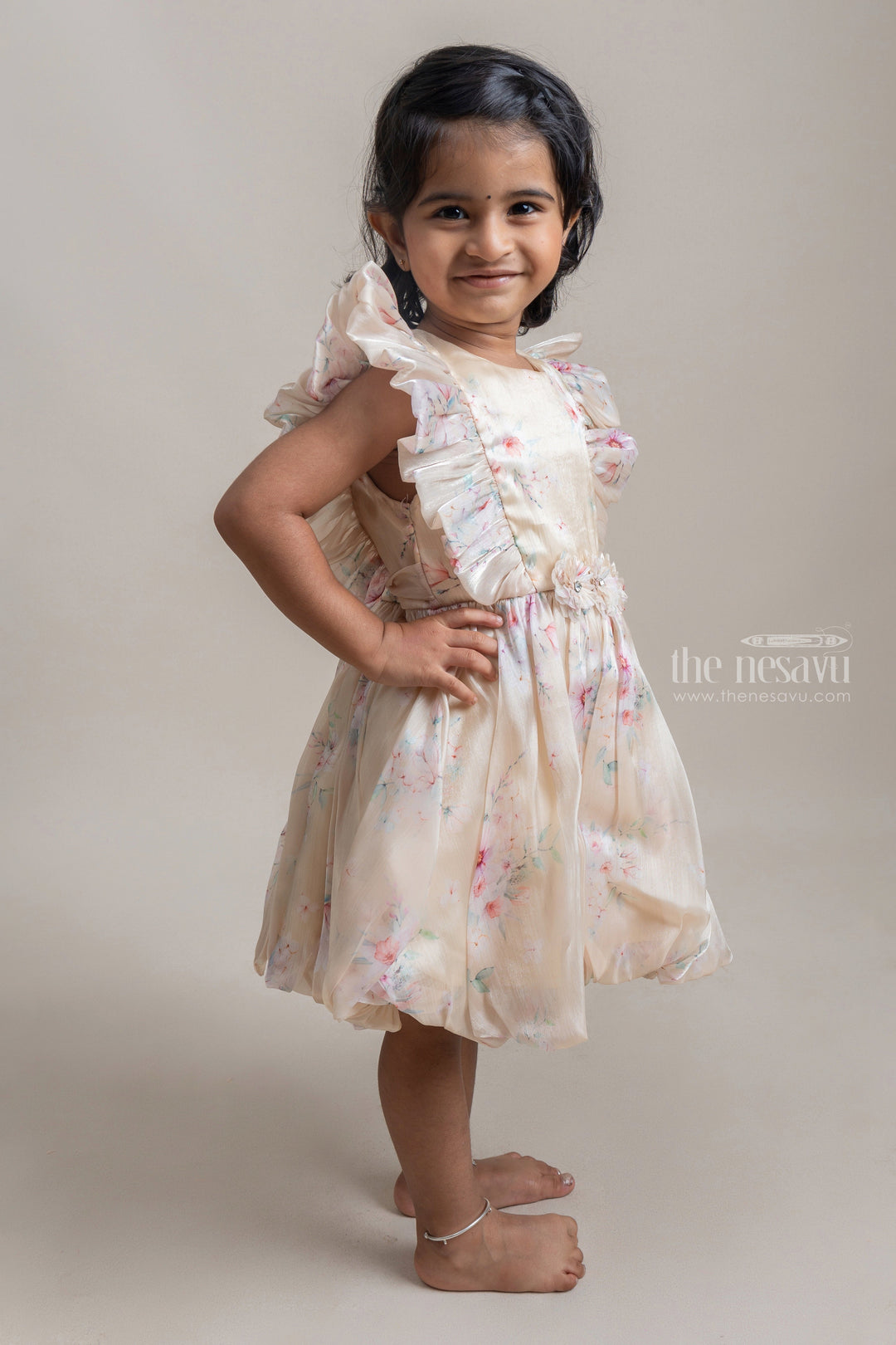 The Nesavu Baby Fancy Frock Pretty Yellow Floral Printed Ruffled Sleeve Organza Frock For Baby Girls Nesavu Premium Chiffon Baby Frock | Latest Baby Frock Collection | The Nesavu