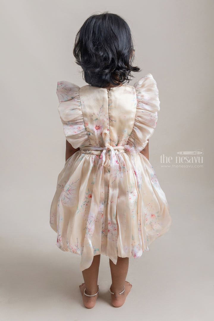 The Nesavu Baby Fancy Frock Pretty Yellow Floral Printed Ruffled Sleeve Organza Frock For Baby Girls Nesavu Premium Chiffon Baby Frock | Latest Baby Frock Collection | The Nesavu